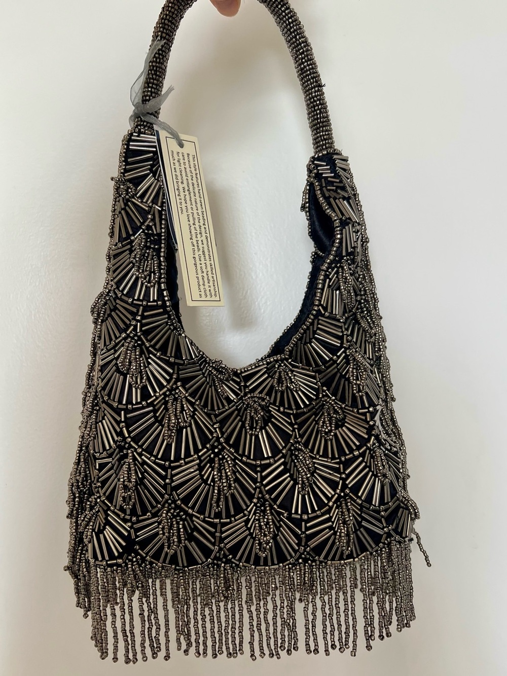 NWT Beaded Fringe Shoulder Bag - Black and Gunmetal Silver